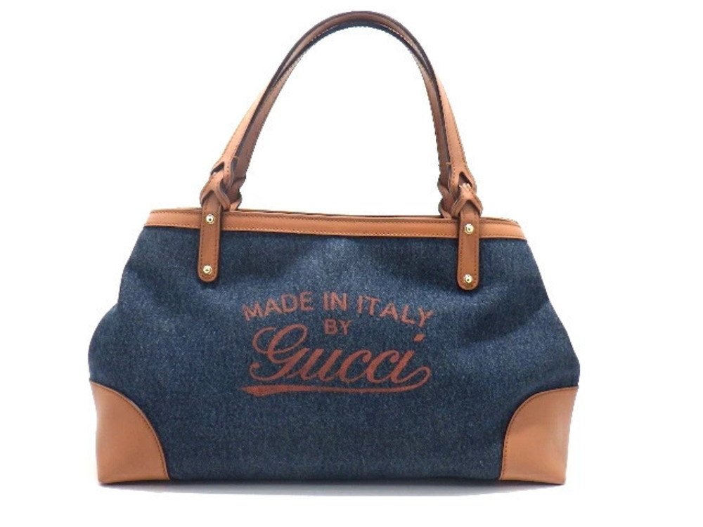 Gucci tote bag denim calfskin blue Camel Brown
